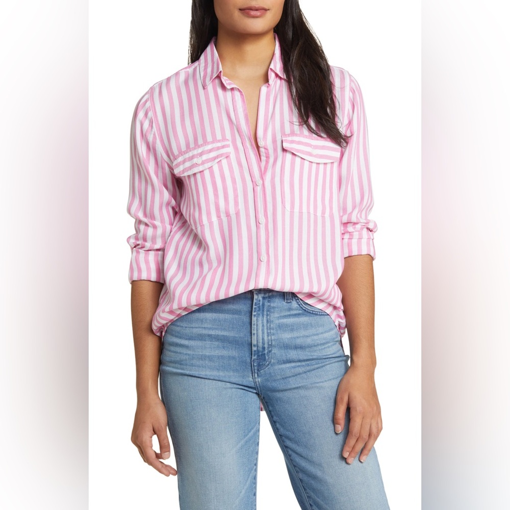 beachlunchlounge Finley Stripe Button-Up Shirt Large Pure Pink Utility Pockets
